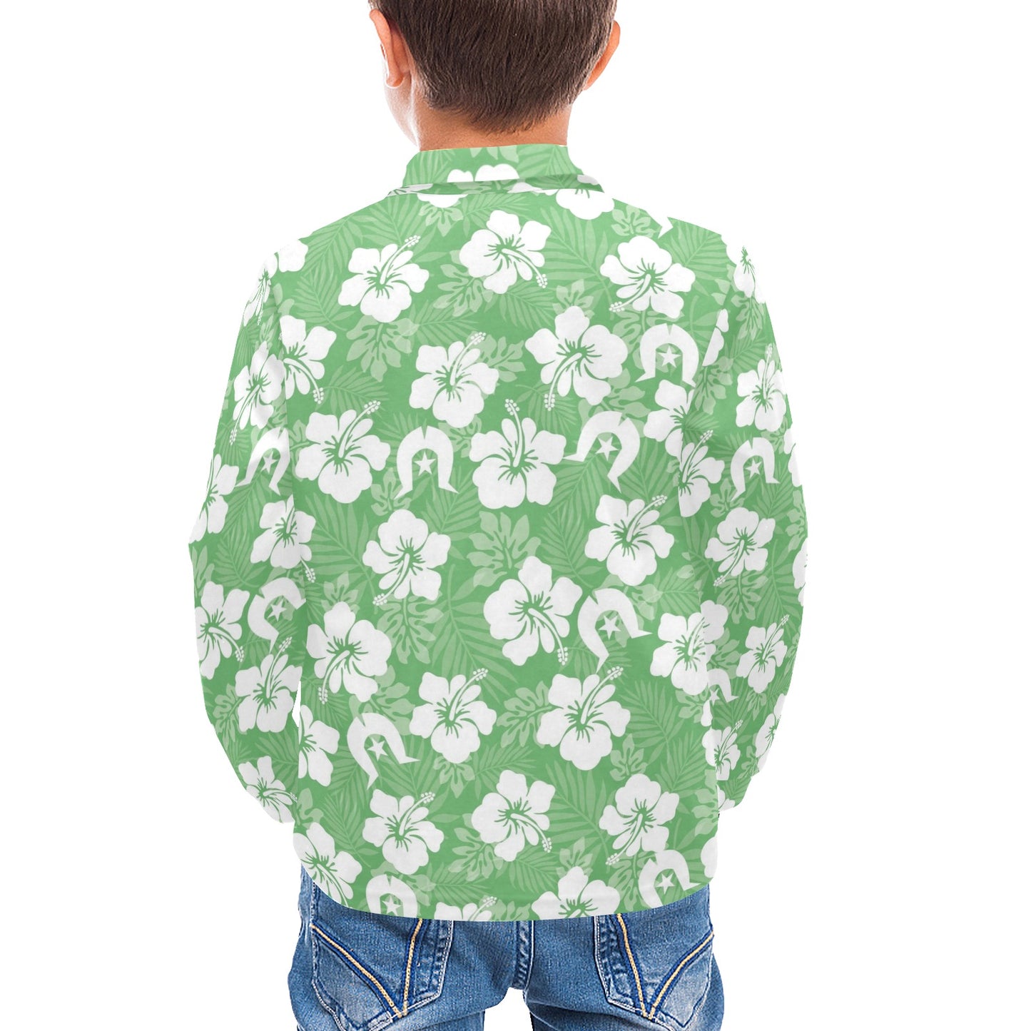 White Hibiscus and Dhari (Green) on Little Boys' Long Sleeve Polo Shirt