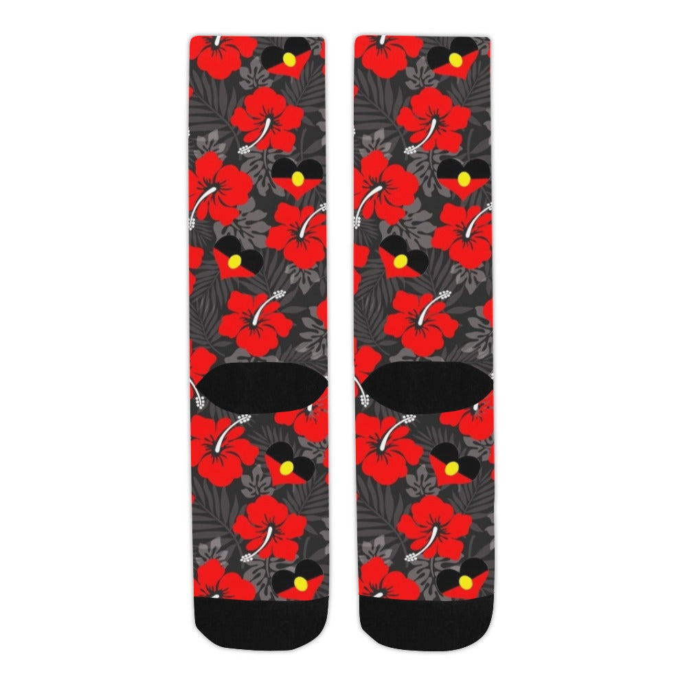 Royal Red Hibiscus and heart shaped Aboriginal flag on Crew Socks (Made In AUS)