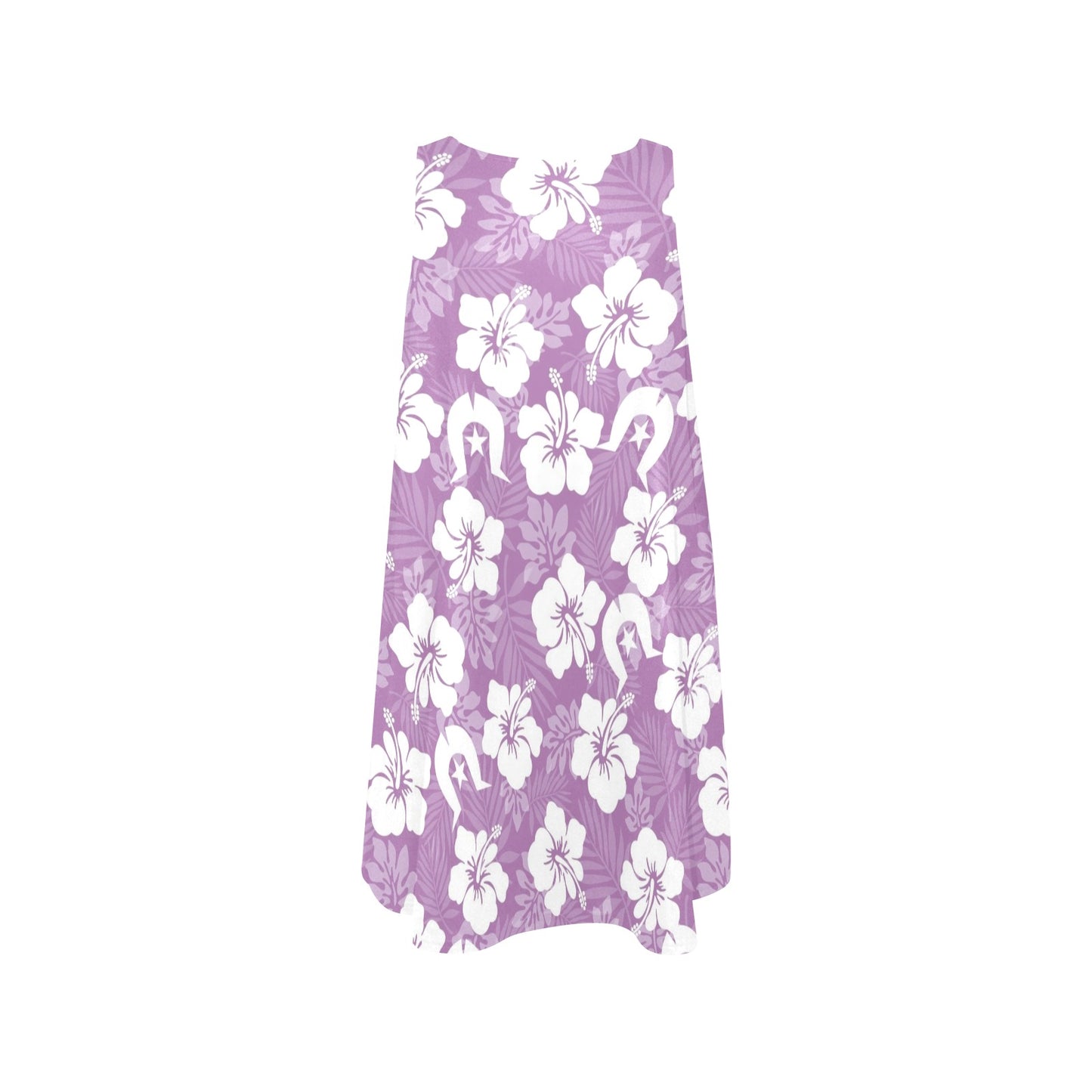 White Hibiscus flowers with Dhari (Purple) on Sleeveless Tank Dress with Pockets