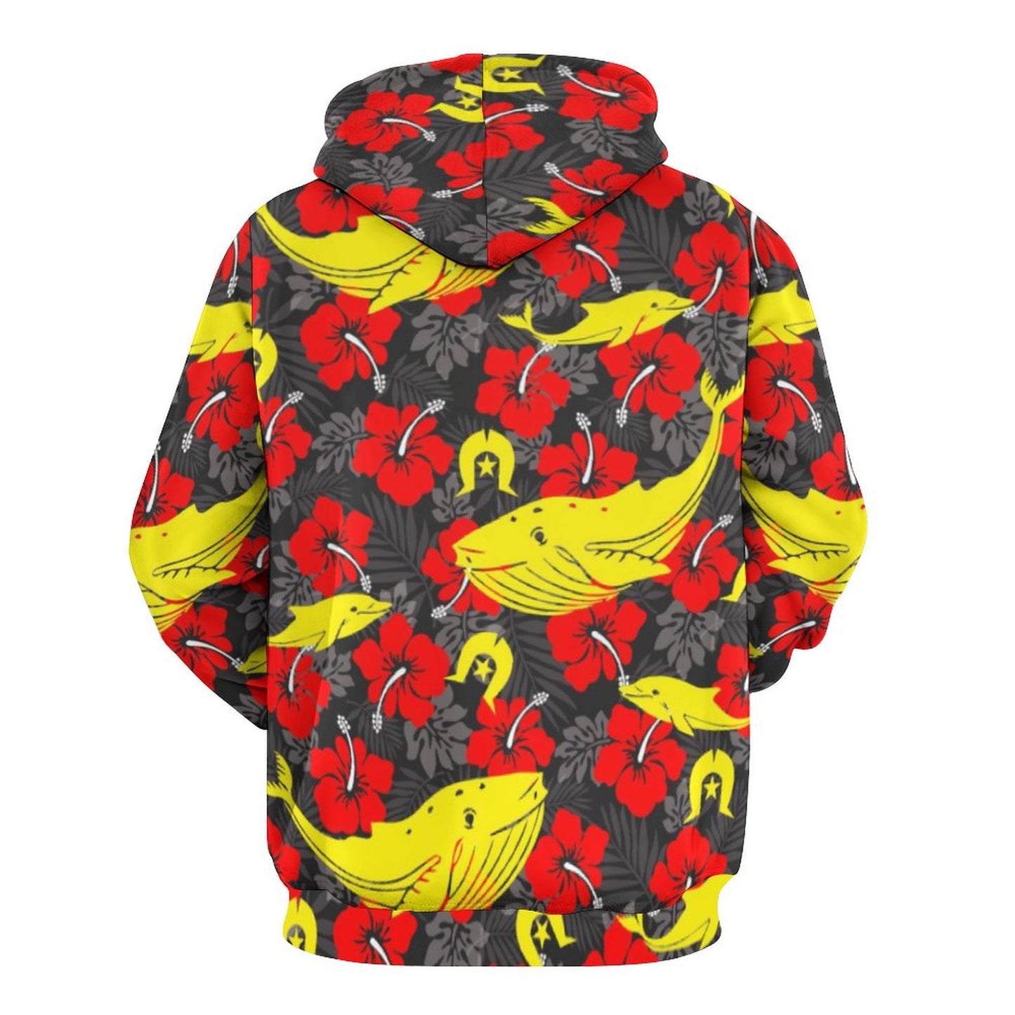 Royal Red Hibiscus with Yellow Dhari, Whale and Dolphin on Men's Cool Hoodie with Double-layer Cap