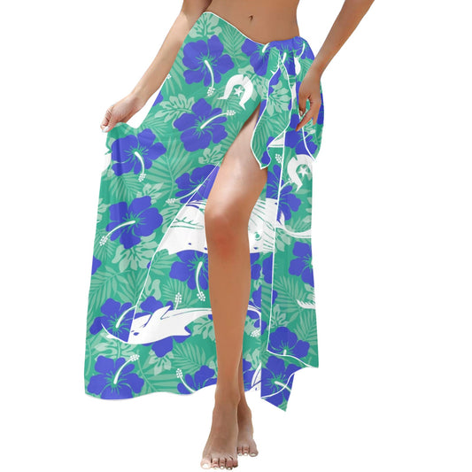 Royal Blue Hibiscus flowers with Whale, Dolphin and Dhari on Long Beach Sarong Wrap