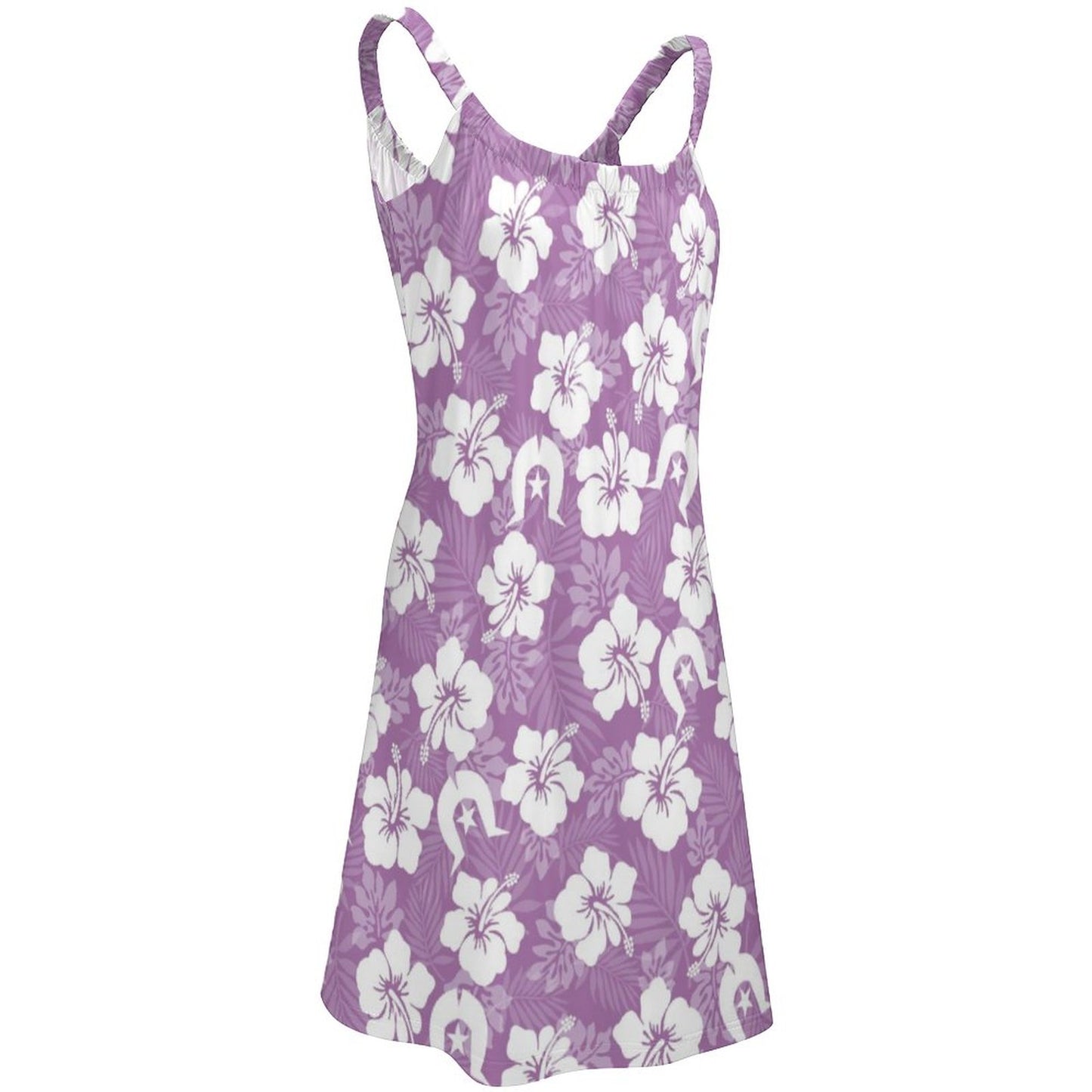 White Hibiscus flowers with Dhari (Purple) on Sleeveless Dress
