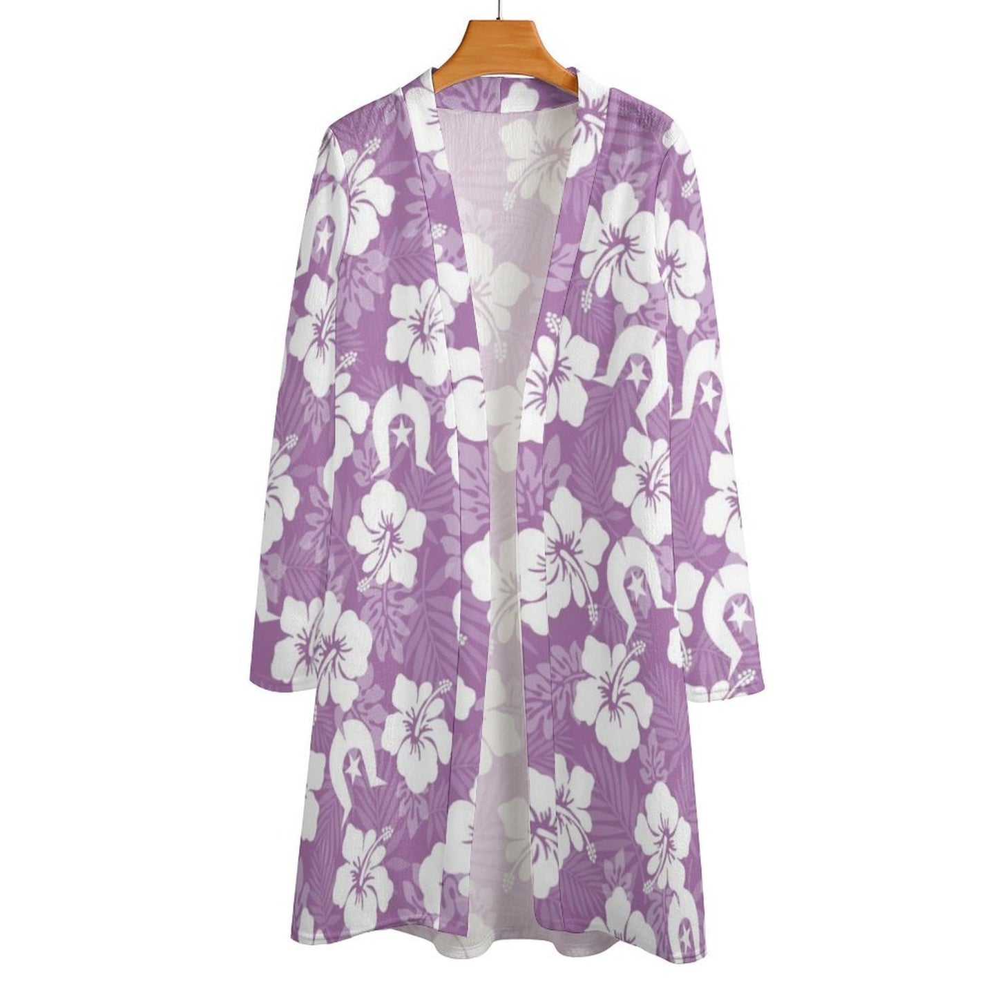 White Hibiscus flowers with Dhari (Purple) on Women's Mid-length Cardigan