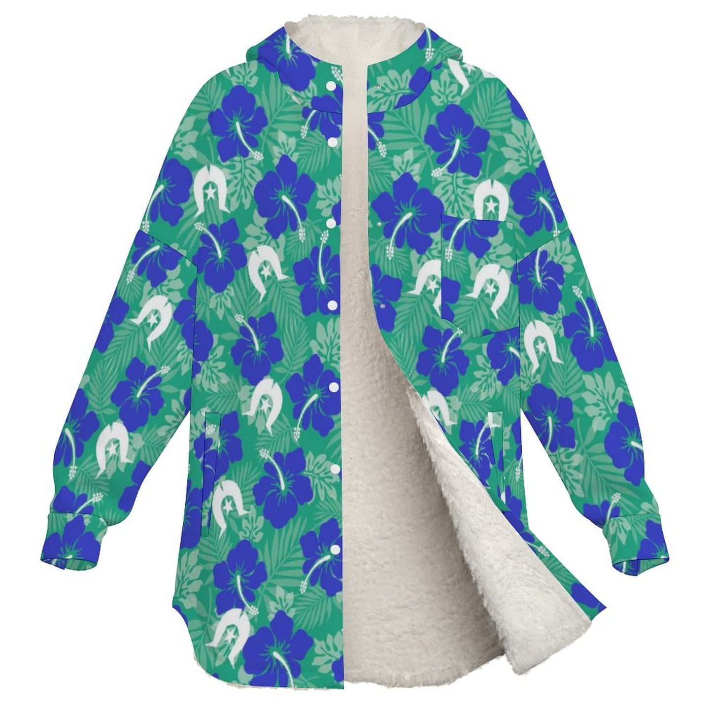 Blue Hibiscus flowers with Dhari on Women's Full Snap Fleece Jacket