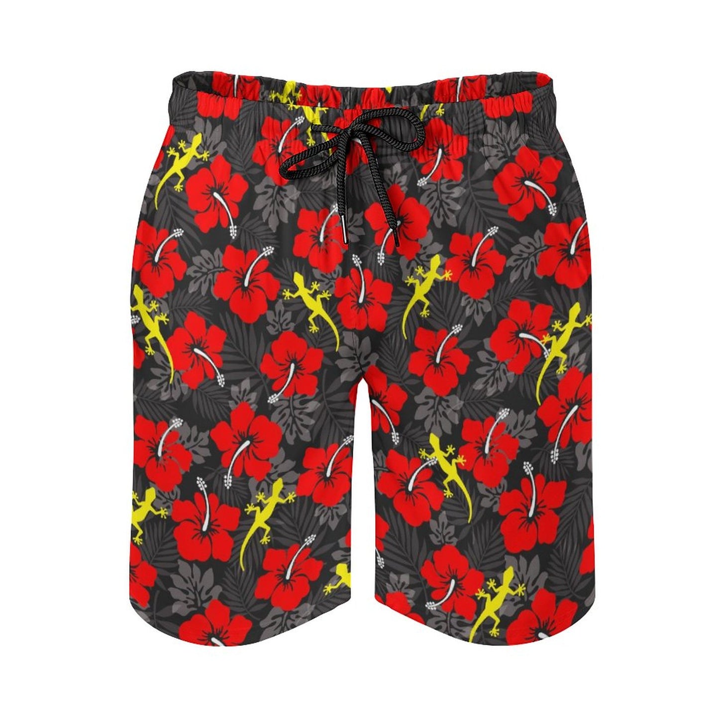 Royal Red Hibiscus flowers with Gecko on Men's Board Shorts