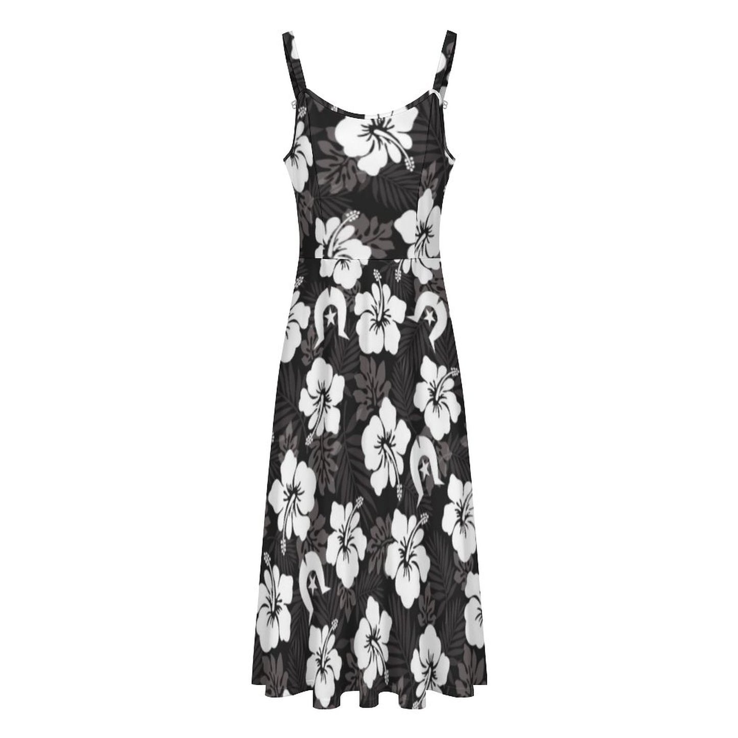 White Hibiscus and Dhari (Black) on Midi Spaghetti Strap Dress