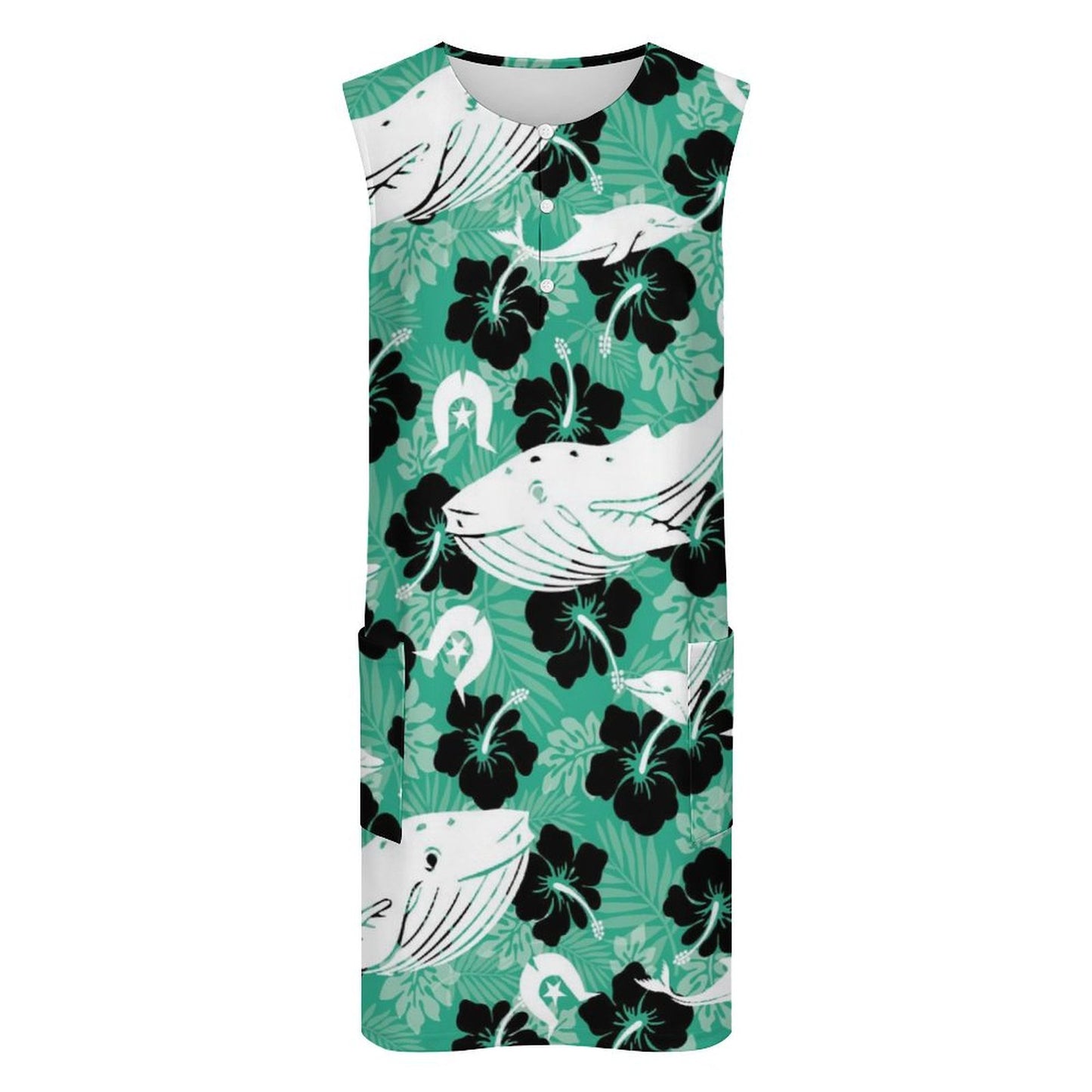 Black Hibiscus with Whale, Dolphin and Dhari on Sleeveless Pocket Dress