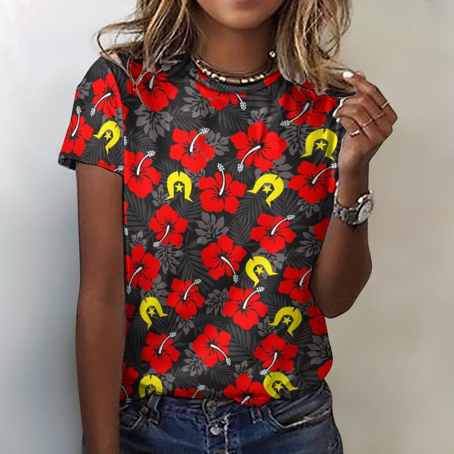 Royal Red Hibiscus with Yellow Dhari on Cotton Summer Short Sleeve T-Shirts for Women