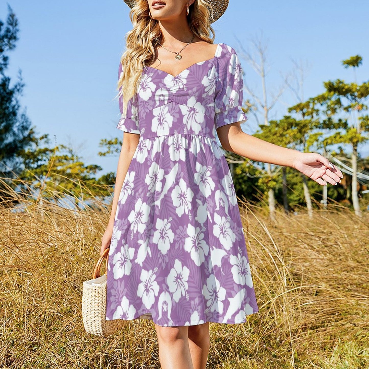 White hibiscus flowers with Dhari, Shark and Turtle (Purple) on Short Sleeve V Neck Lovely Dress