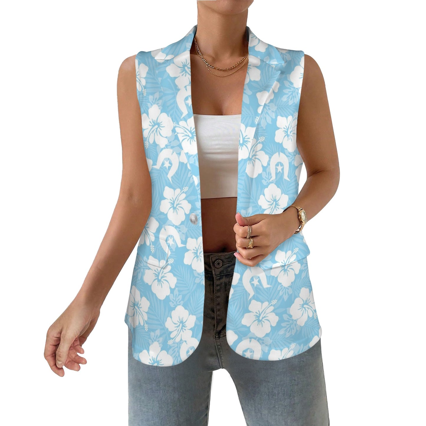 White Hibiscus and Dhari (blue) on Women Sleeveless Suit Vest