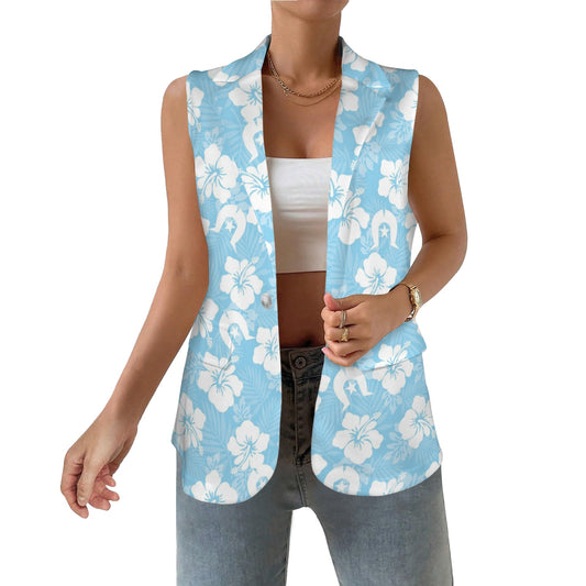 White Hibiscus and Dhari (blue) on Women Sleeveless Suit Vest