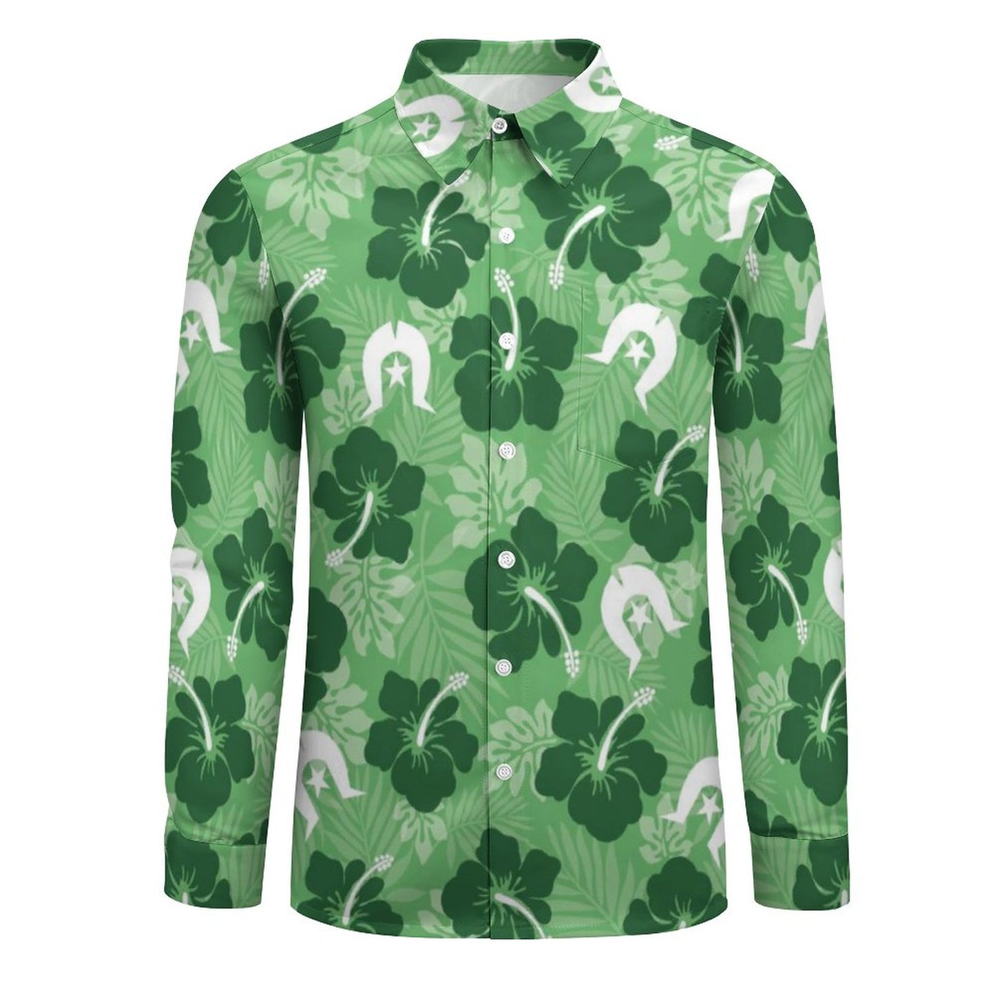 Hibiscus flowers with Dhari (Sea Grass Green) on Men's Long Sleeve Shirt