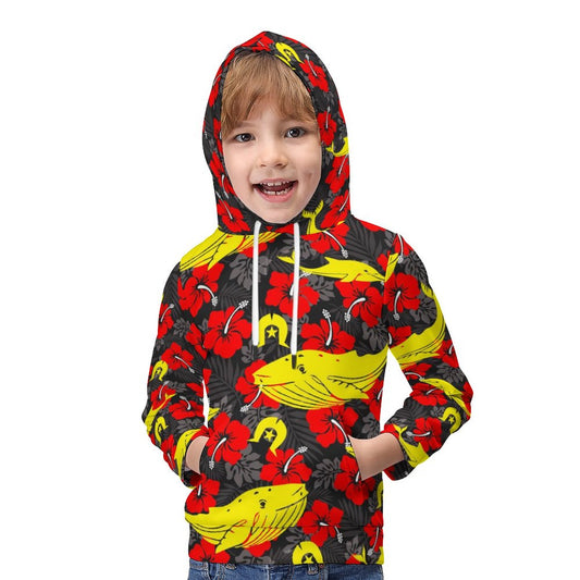 Royal Red Hibiscus with Yellow Dhari, Whale and Dolphin on Children's Hoodie