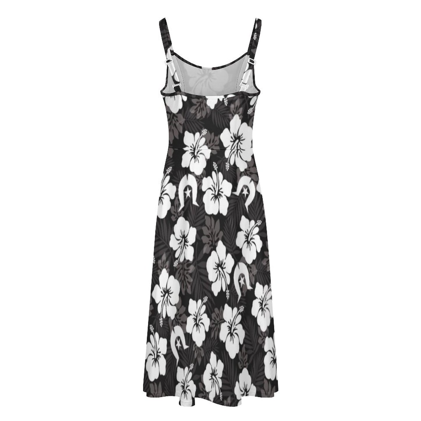 White Hibiscus and Dhari (Black) on Midi Spaghetti Strap Dress