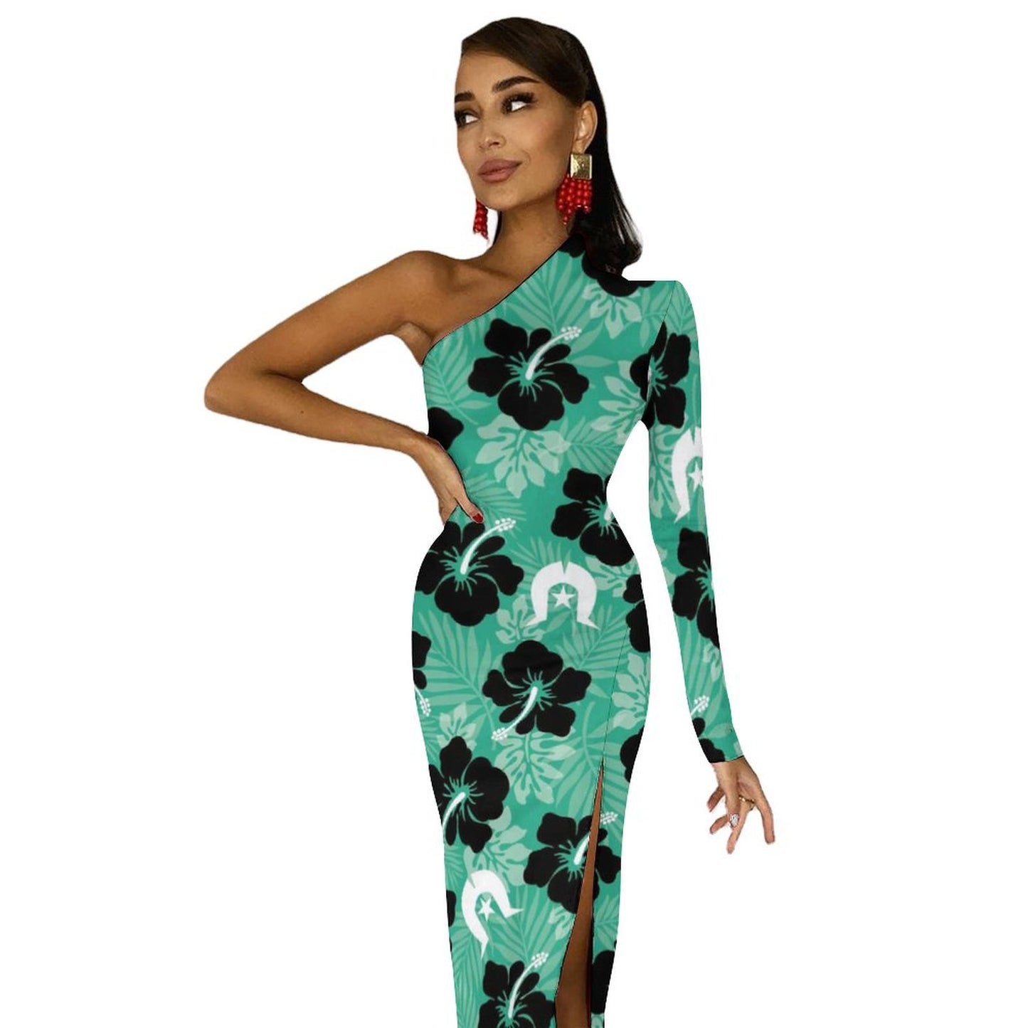 Black Hibiscus with White Dhari on One Shoulder Split Dress BIQ