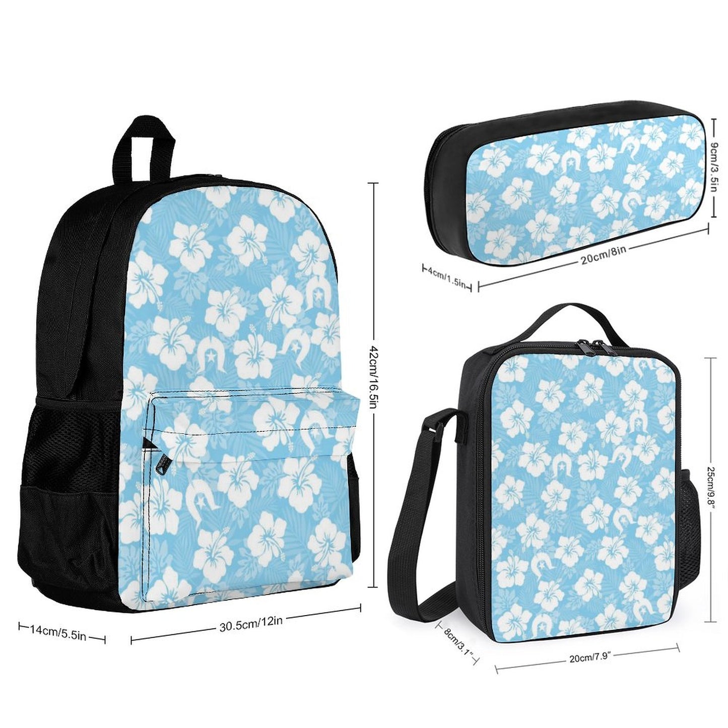 White Hibiscus and Dhari (Blue) on Set of 3 Bags (Shoulder Bag Lunch Bag & Pencil Pouch)
