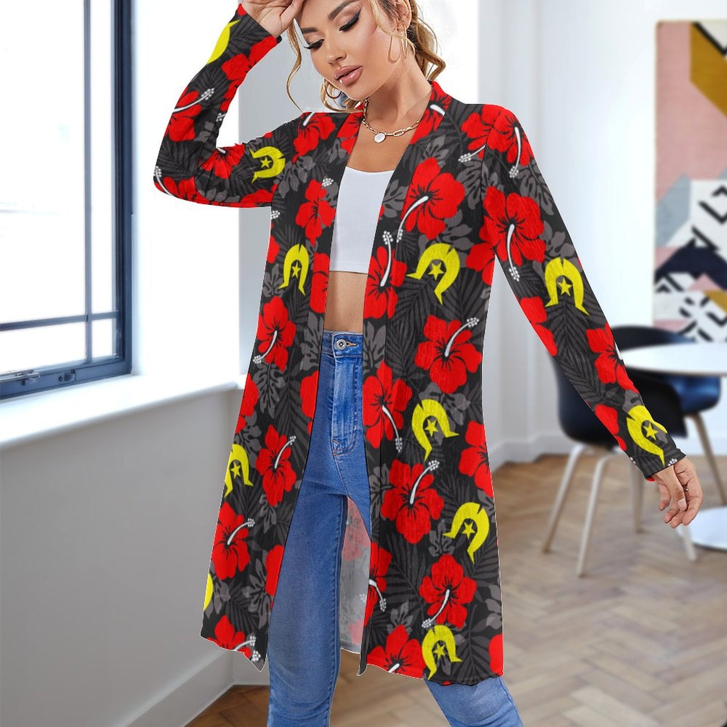 Royal Red Hibiscus with Yellow Dhari on Women's Mid-length Cardigan