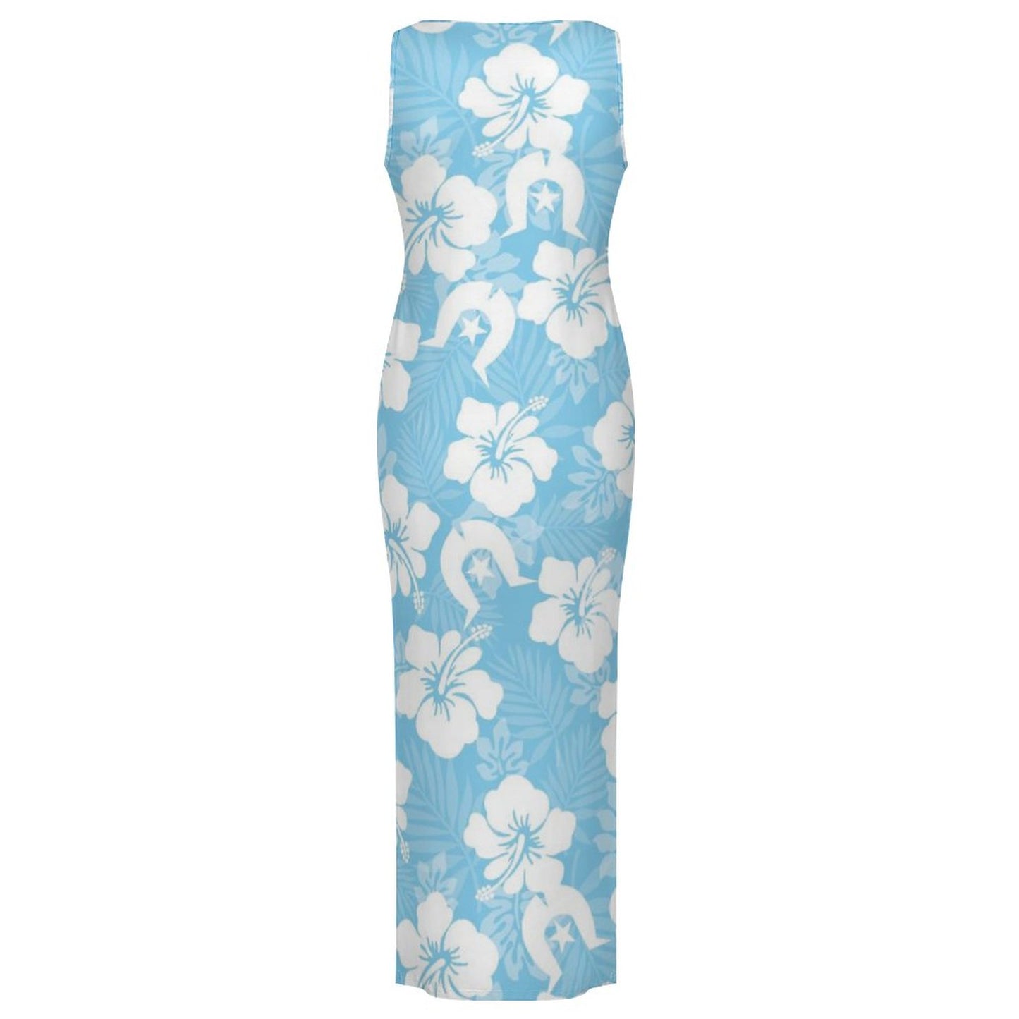 White Hibiscus and Dhari (blue) on 180gsm Slit Fitted Camisole Cheongsam