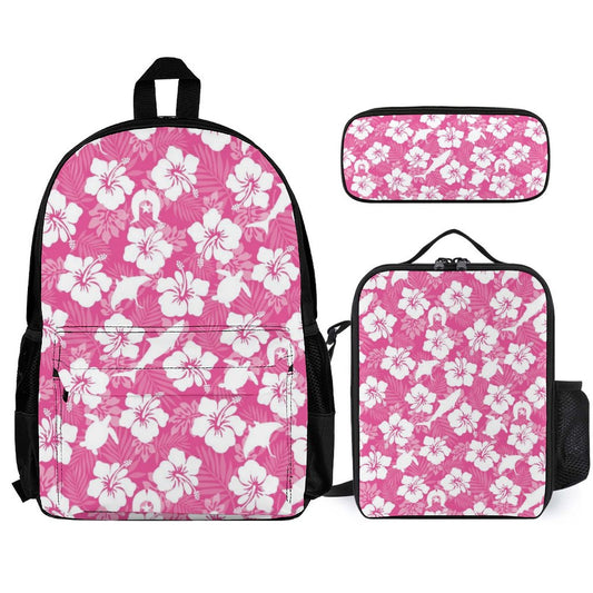 White hibiscus flowers with Dhari, Shark, turtle, and stingray (Pink) on Set of 3 Bags (Shoulder Bag Lunch Bag & Pencil Pouch)