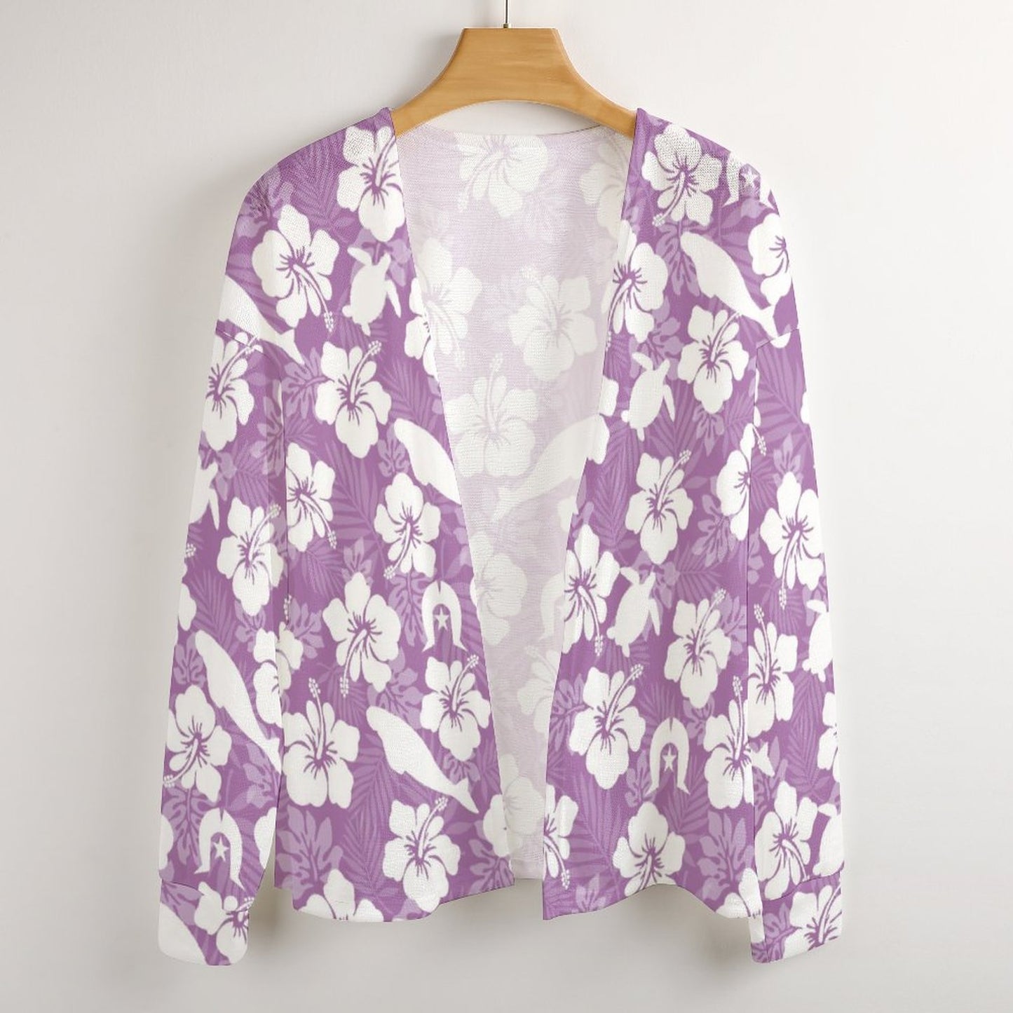 White Hibiscus flowers with Dugong, Turtle and Dhari on Long Sleeve Drop Shoulder Open Shirt