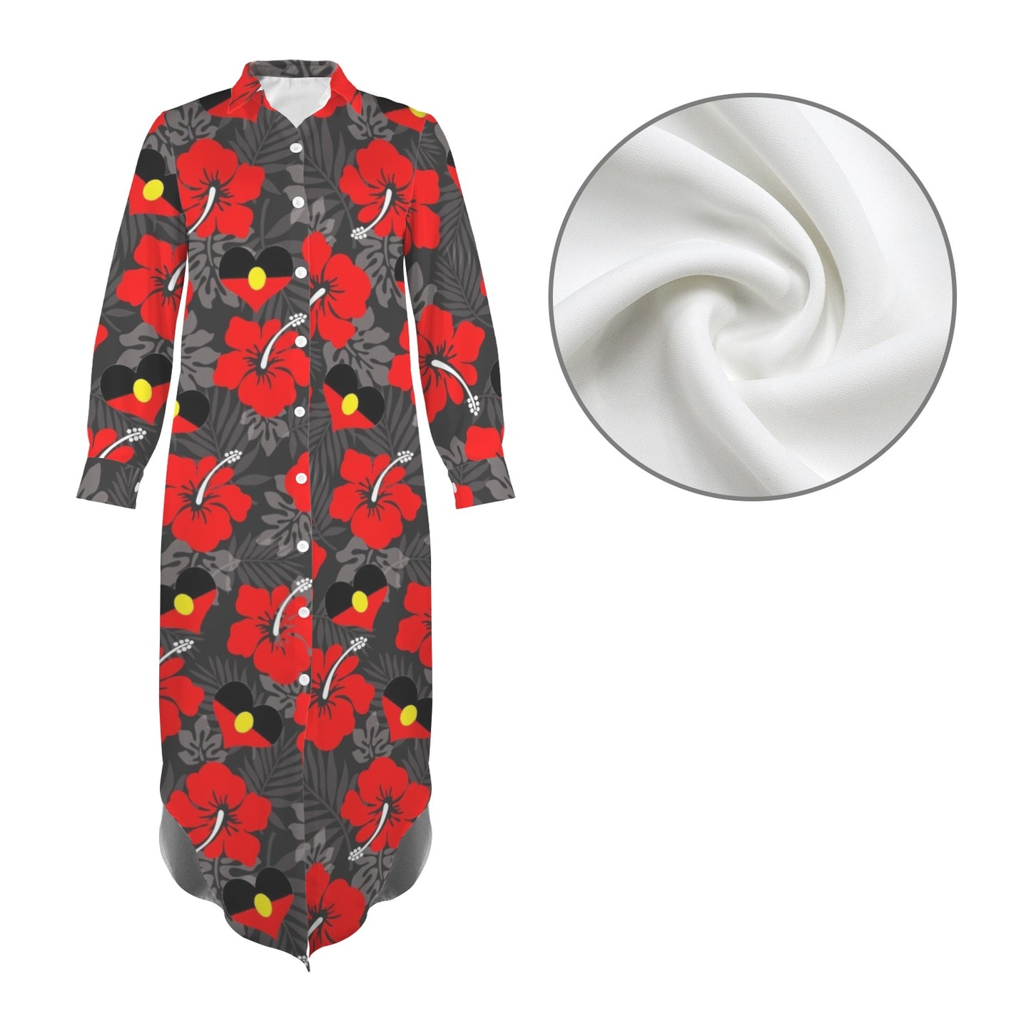 Red Hibiscus flowers with Aboriginal Heart-shaped flag on Button Long Sleeve Shirt Dress