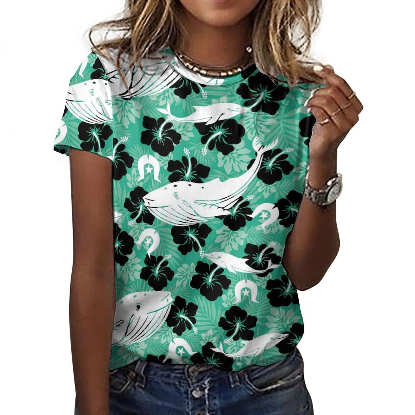 Black Hibiscus with Whale, Dolphin and Dhari on Cotton Summer Short Sleeve T-Shirts for Women