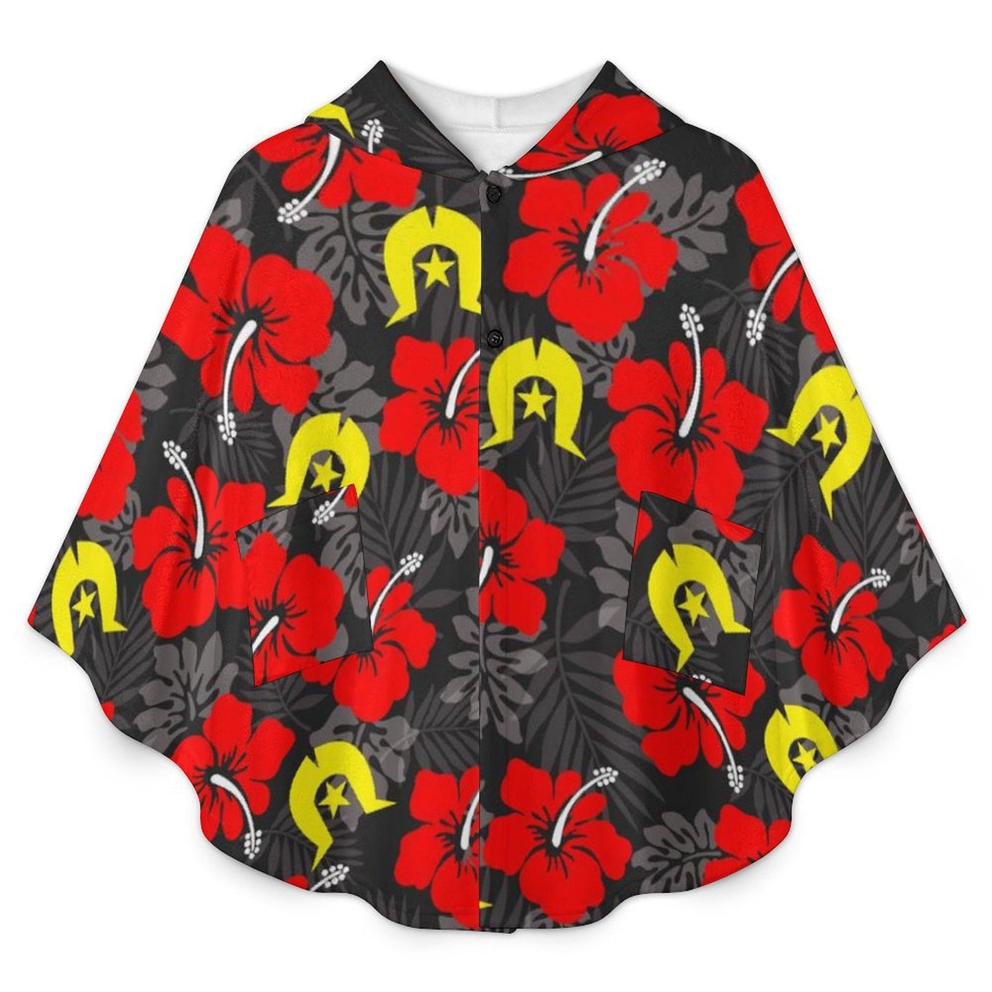 Royal Red Hibiscus with Yellow Dhari on Fleece Hooded Cape for Adults