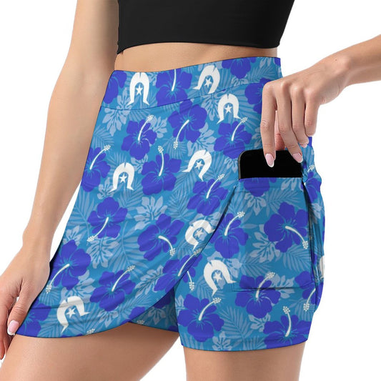 Hibiscus flowers with Dhari (Royal blue) on Anti-peep Skort with Pocket AMQ