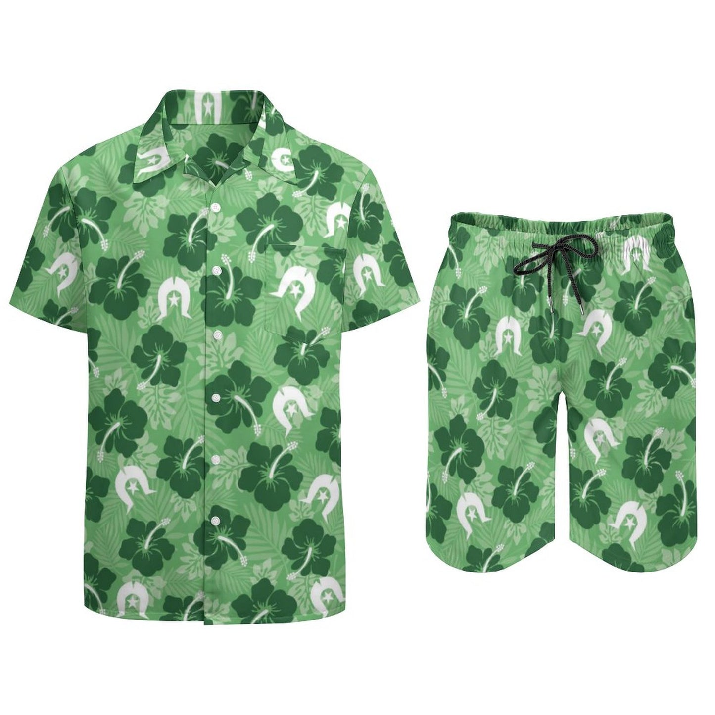 Hibiscus flowers with Dhari (Sea Grass Green) on Hawaiian Suits for Men