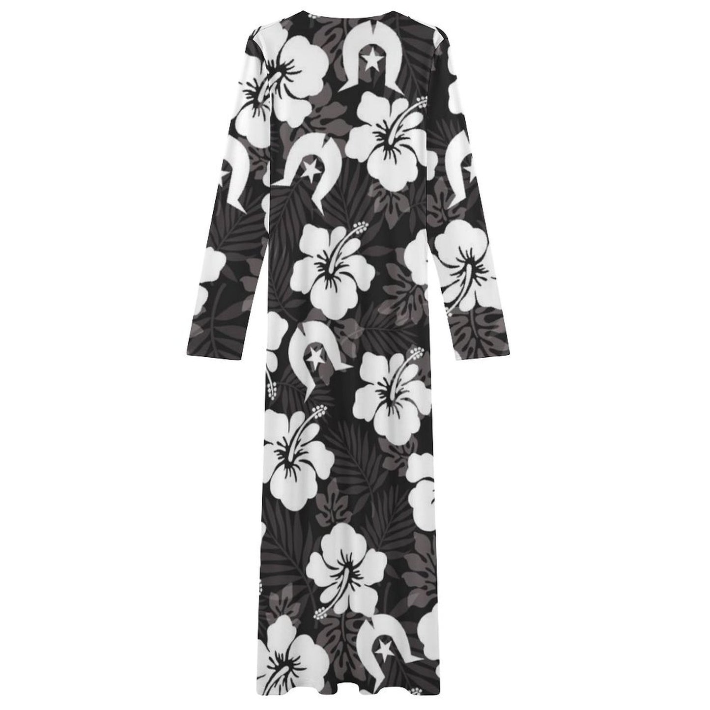 White Hibiscus and Dhari (Black) on Long-Sleeve Draped Bodycon Dress