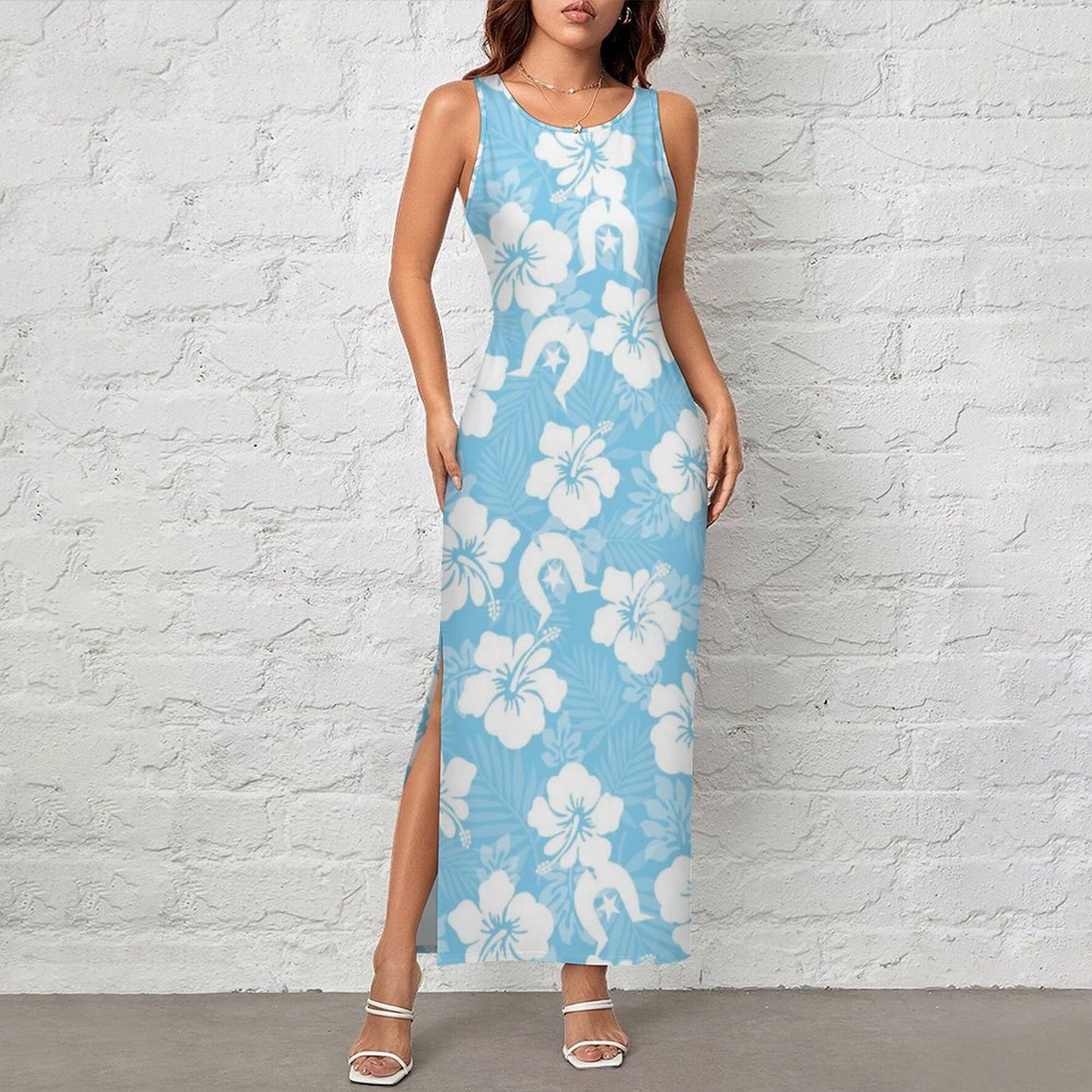 White Hibiscus and Dhari (blue) on 180gsm Slit Fitted Camisole Cheongsam