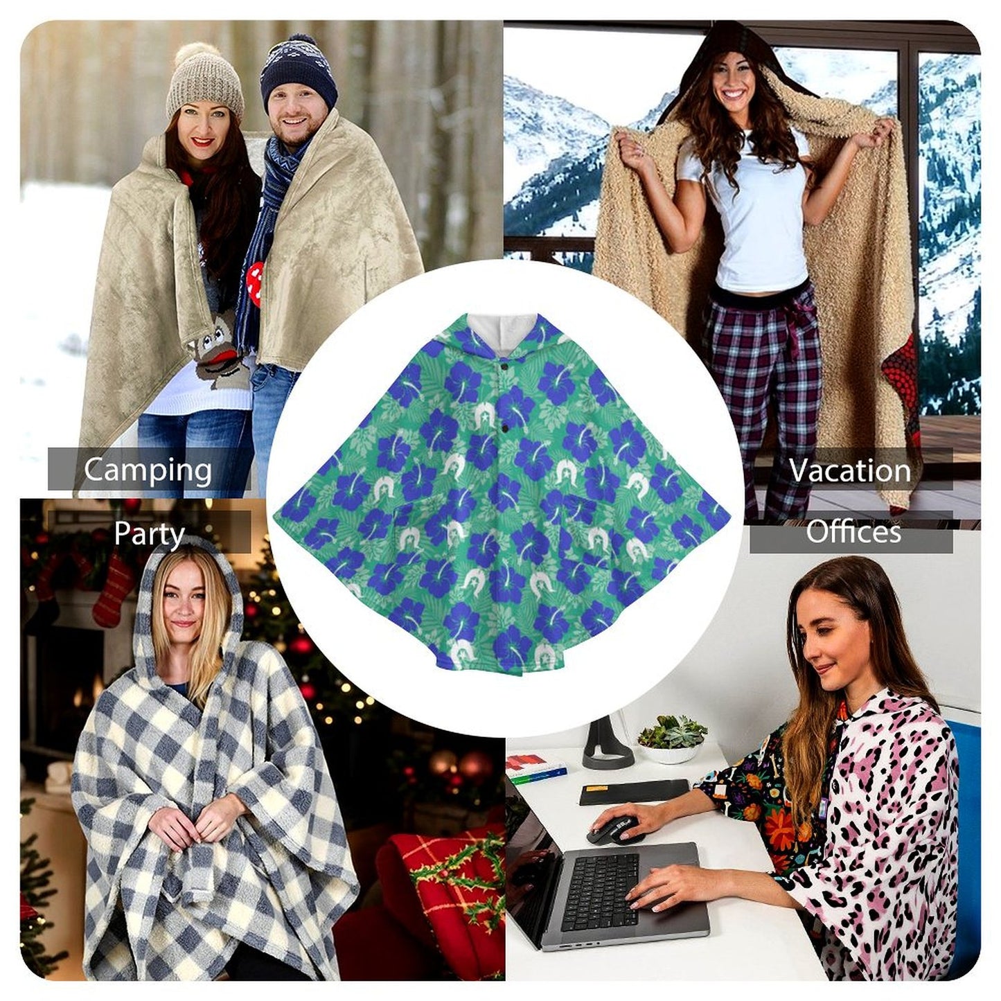 Blue Hibiscus flowers with Dhari on Fleece Hooded Cape for Adults