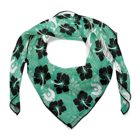 Black Hibiscus with Whale, Dolphin and Dhari on Women's Scarf