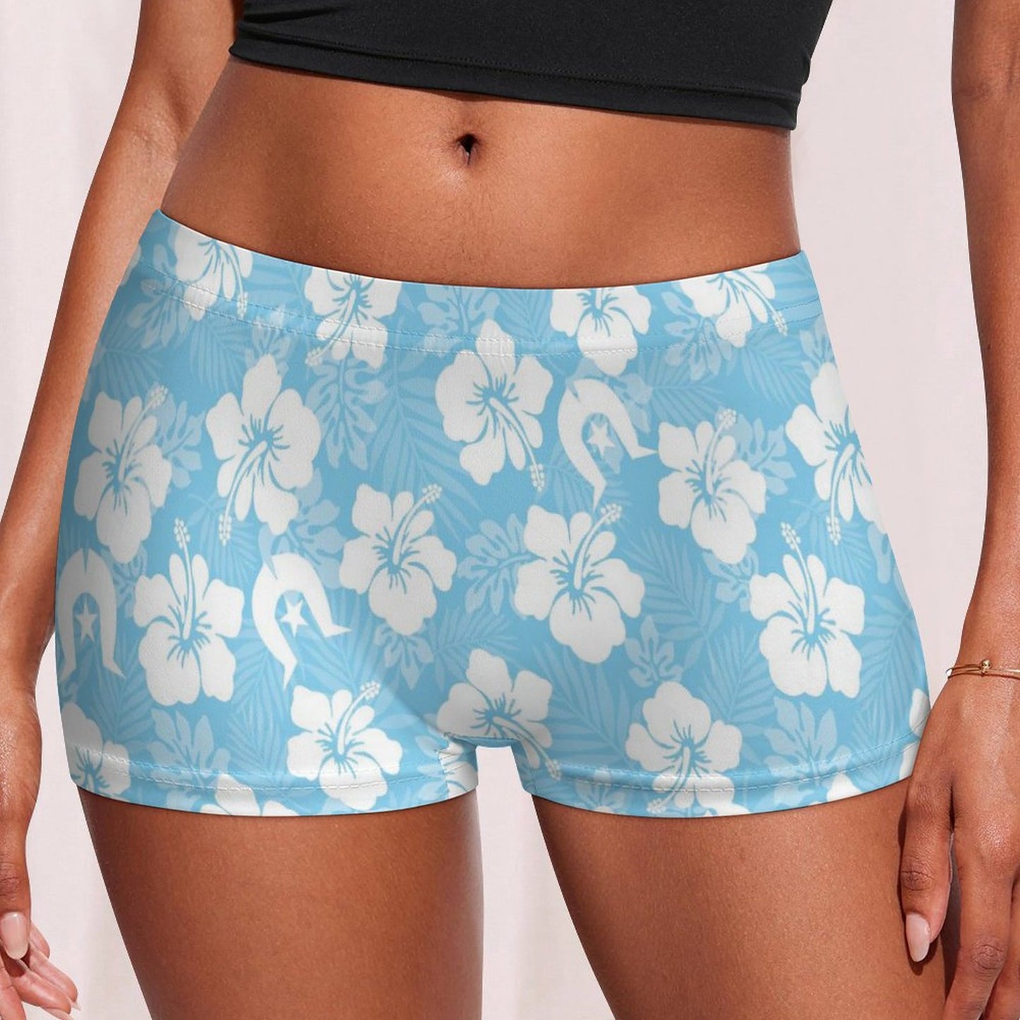 White hibiscus and Dhari (Blue) on 180gsm Women's Boxer Briefs