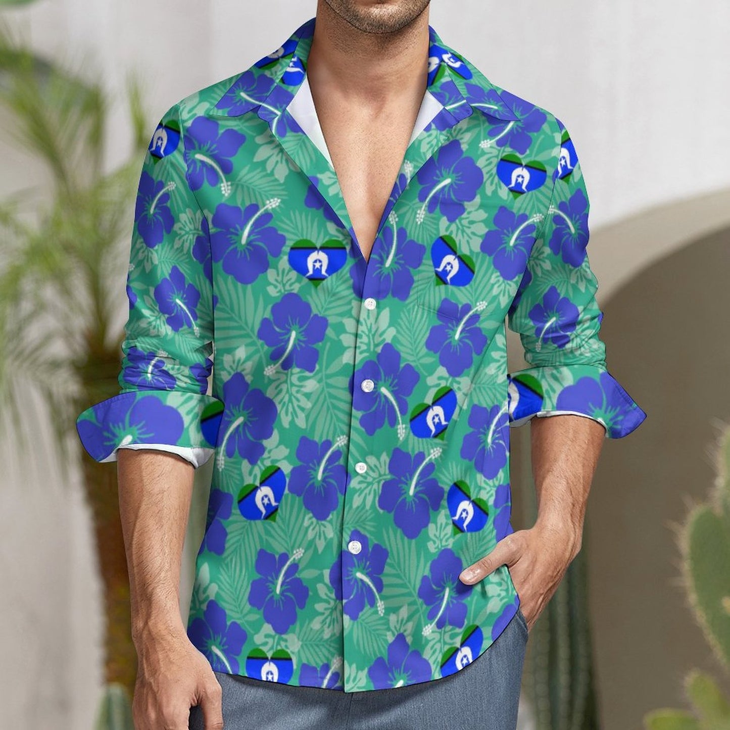 Hibiscus flowers with Torres Strait Heart Flag on Men's Long Sleeve Shirt