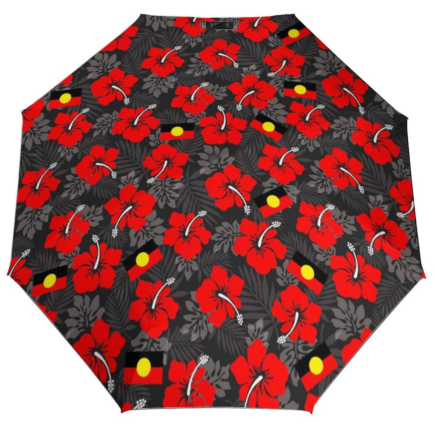 Red Hibiscus with Aboriginal flag on Tri-fold Automatic Umbrella