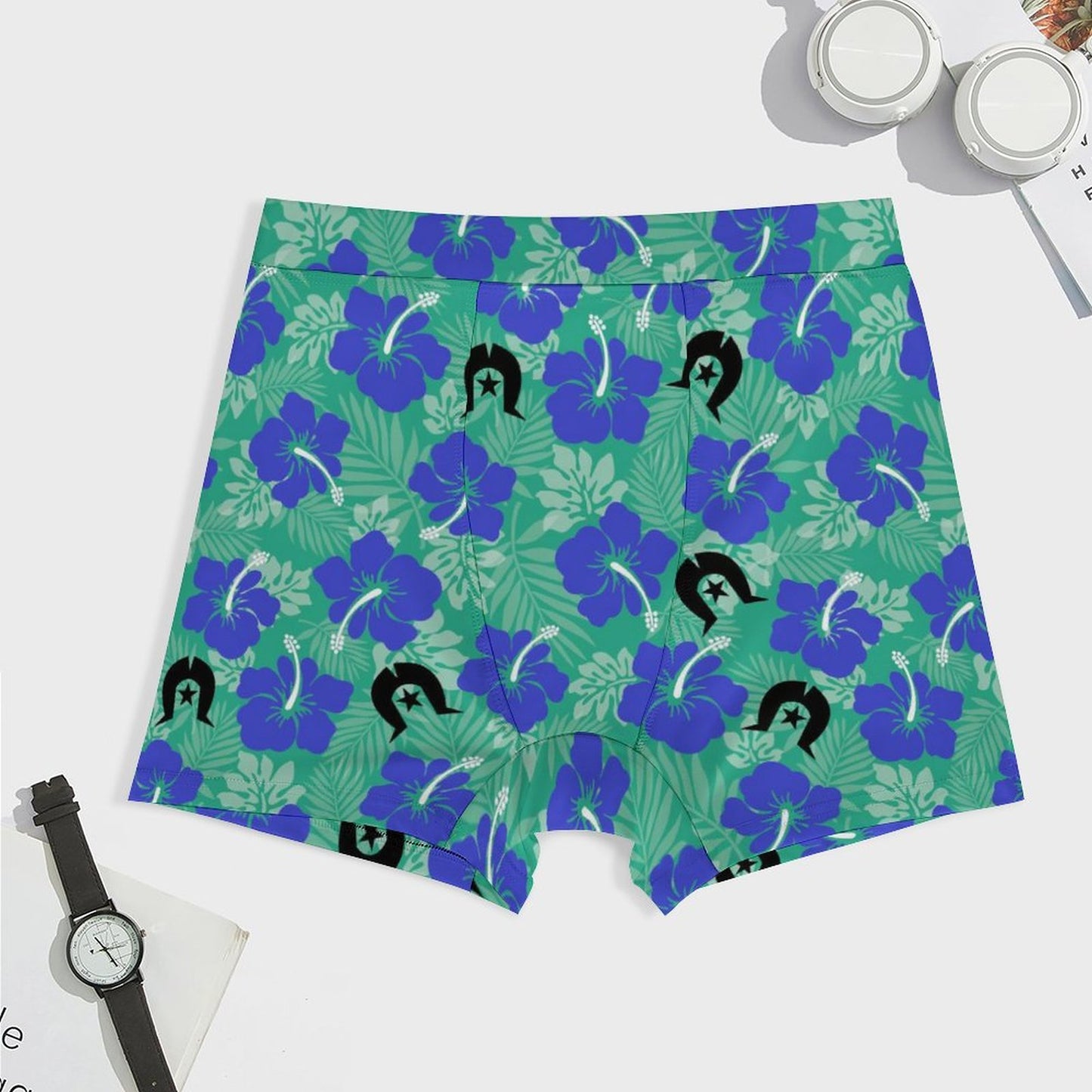 Royal Blue Hibiscus flowers with Black Dhari on  Milk Fiber Boxer Shorts for Men