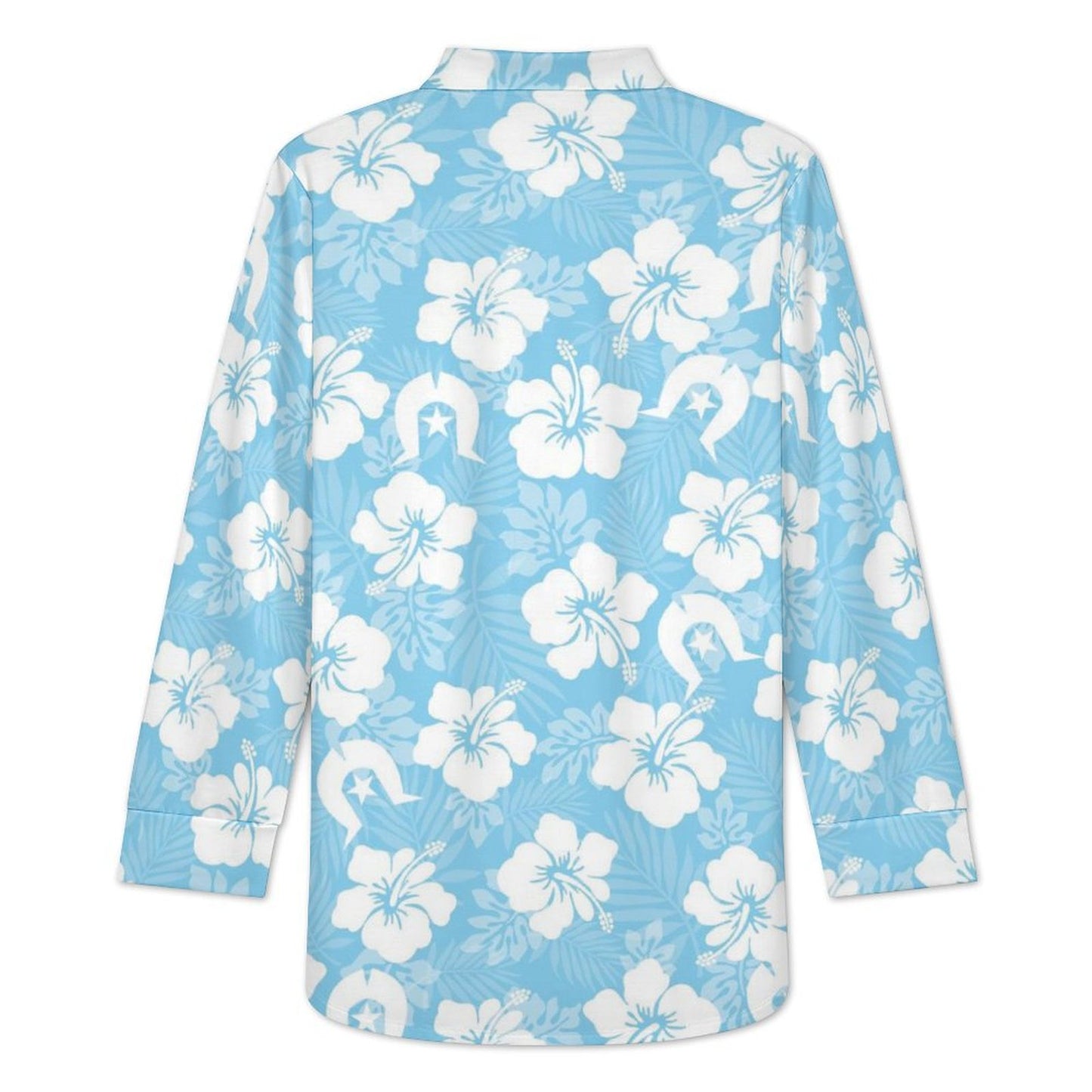 White Hibiscus and Dhari (blue) on Women's Long Sleeve Shirt Dress
