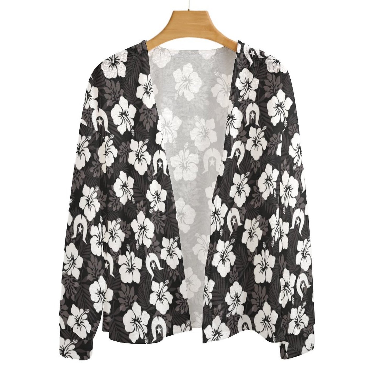 White Hibiscus and Dhari (Black) on Long Sleeve Drop Shoulder Open Shirt