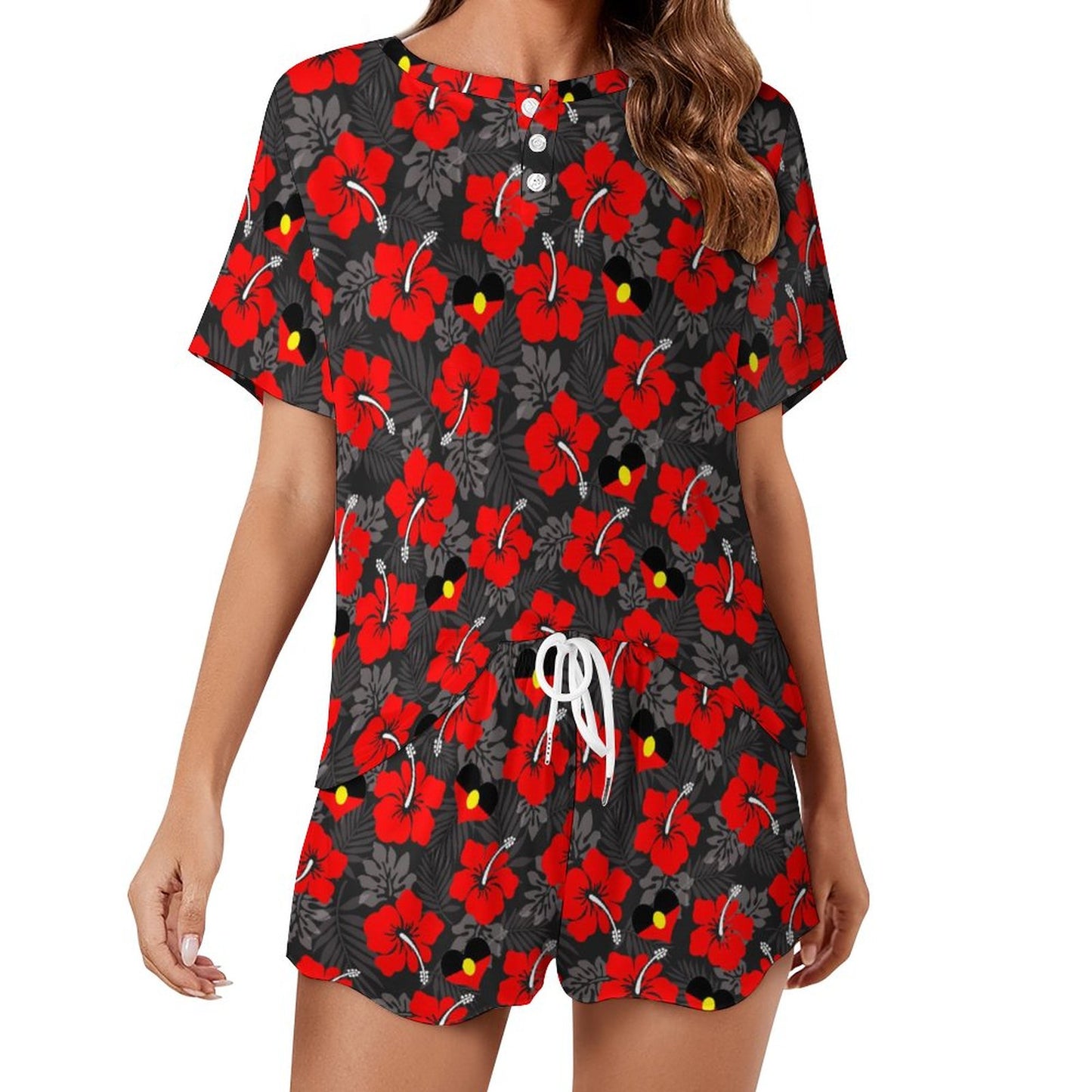 Royal Red Hibiscus and heart shaped Aboriginal flag on Short Sleeve Loungewear Set