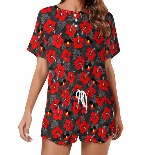 Royal Red Hibiscus and heart shaped Aboriginal flag on Short Sleeve Loungewear Set