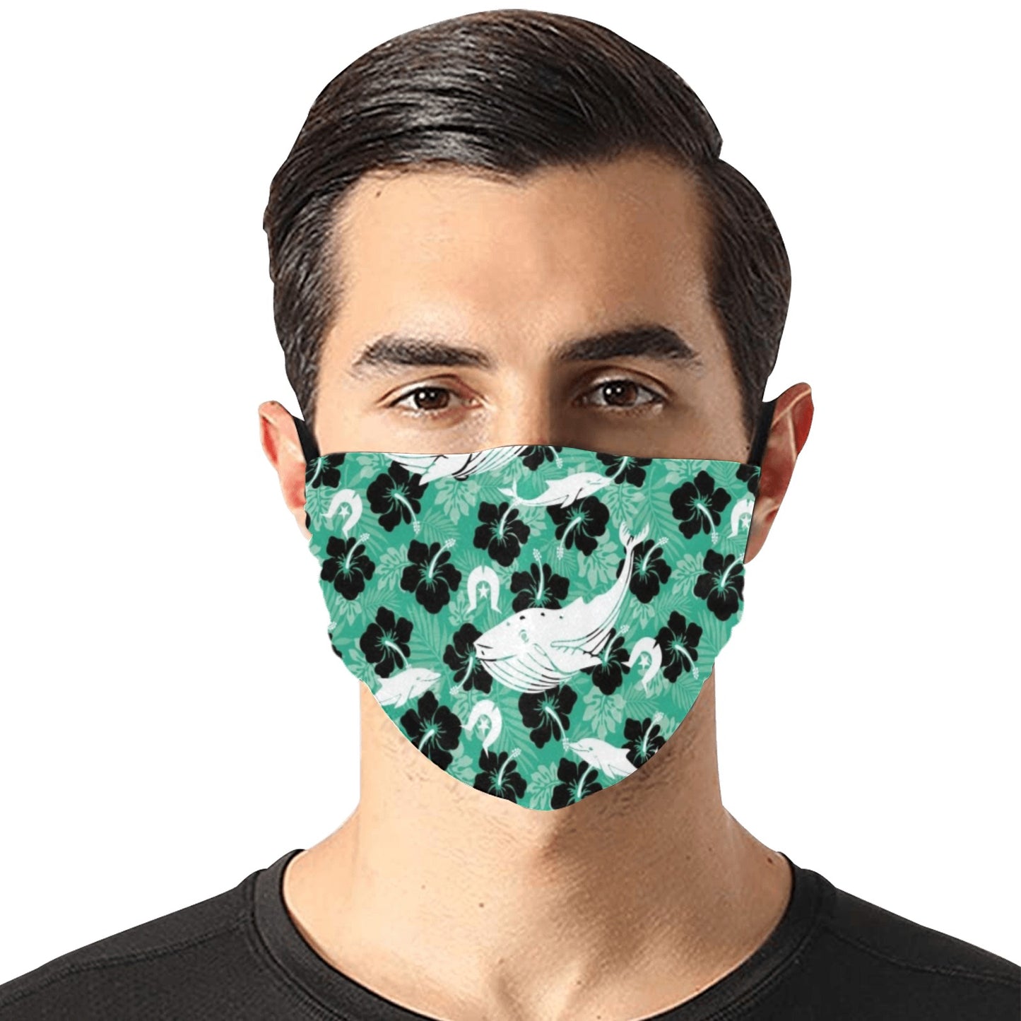 Black Hibiscus with Whale, Dolphin and Dhari on Cotton Facemask with Adjustable Strip (ModelM07) (Made In AUS)