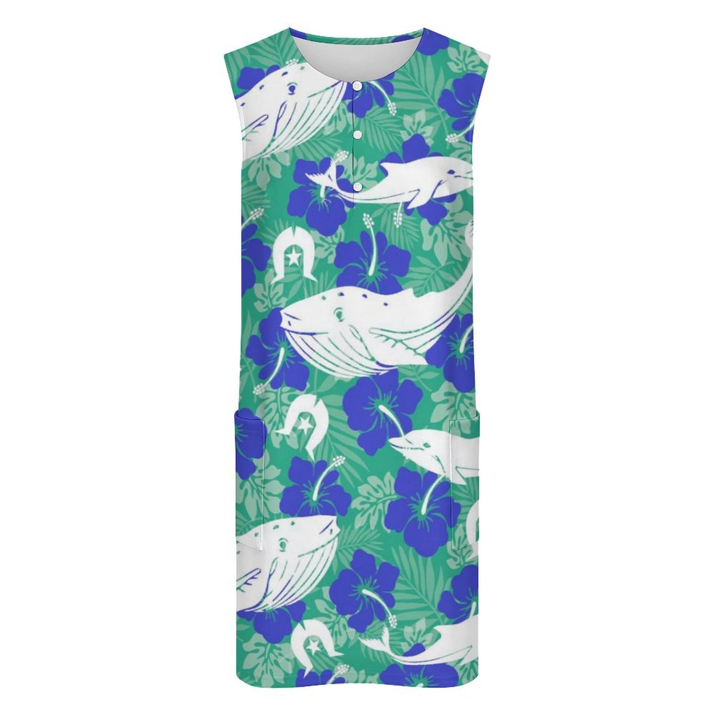 Royal Blue Hibiscus flowers with Whale, Dolphin and Dhari on Sleeveless Pocket Dress