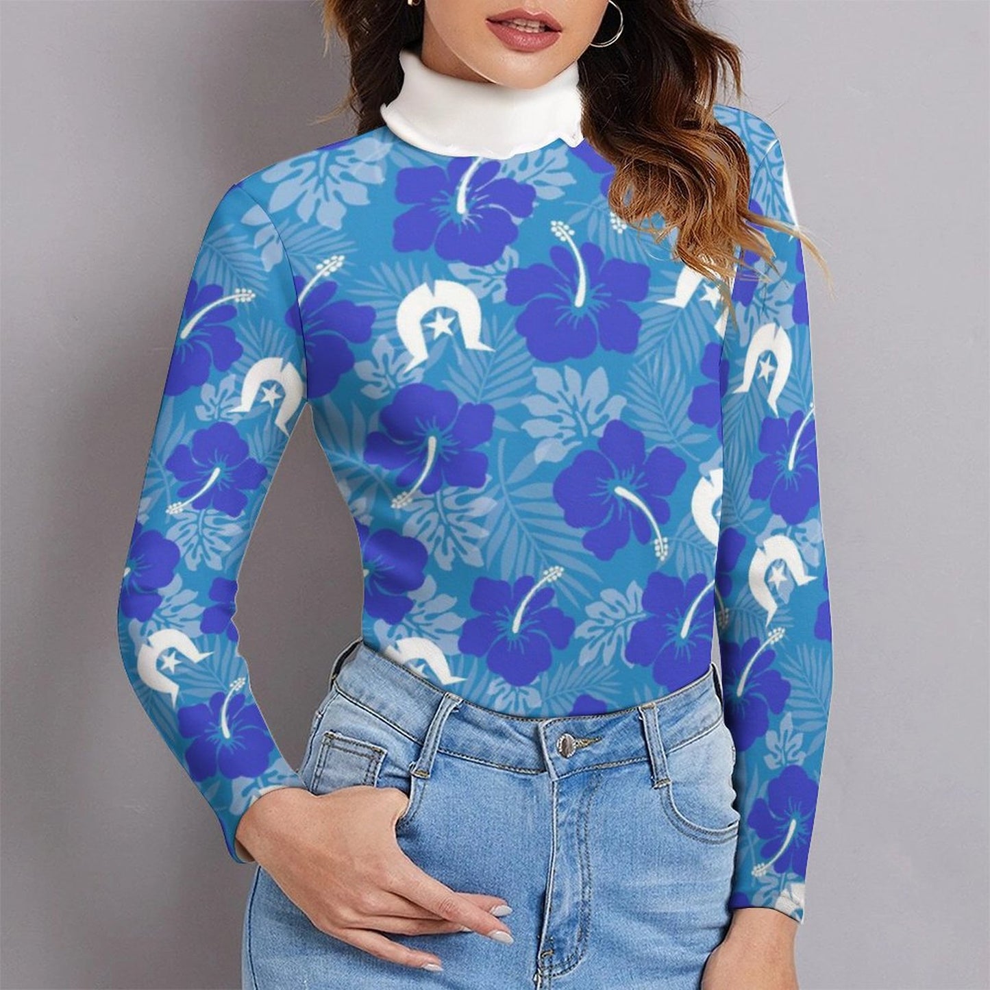 Hibiscus flowers with Dhari (Royal blue) on Women Long Sleeve Turtleneck Sweater