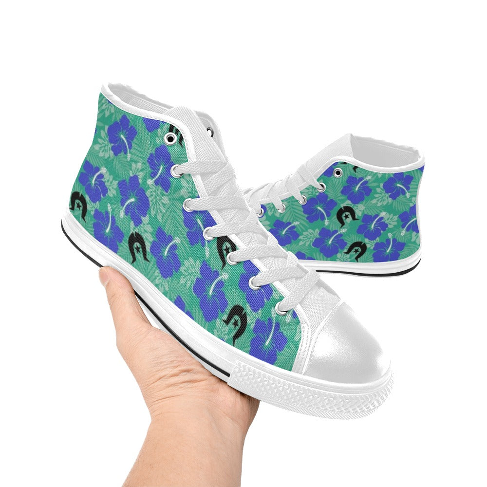 Royal Blue Hibiscus flowers with Black Dhari on Women's High Top Canvas Shoes