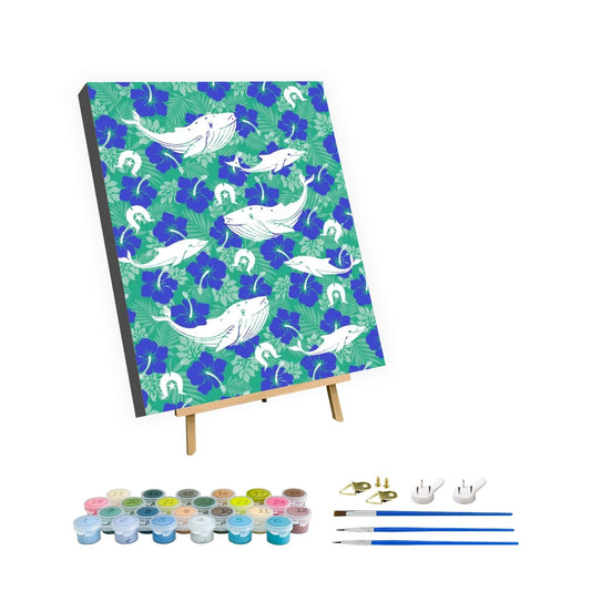 Royal Blue Hibiscus flowers with Whale, Dolphin and Dhari on Framed Paint by Numbers Kit for Adults with Stand