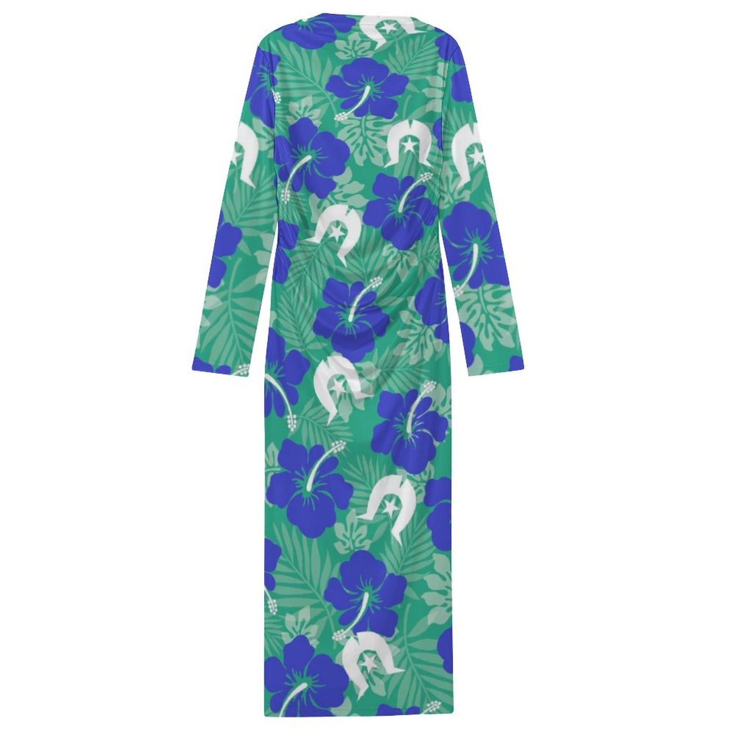 Royal Blue Hibiscus flowers with Dhari on Long-Sleeve Draped Bodycon Dress