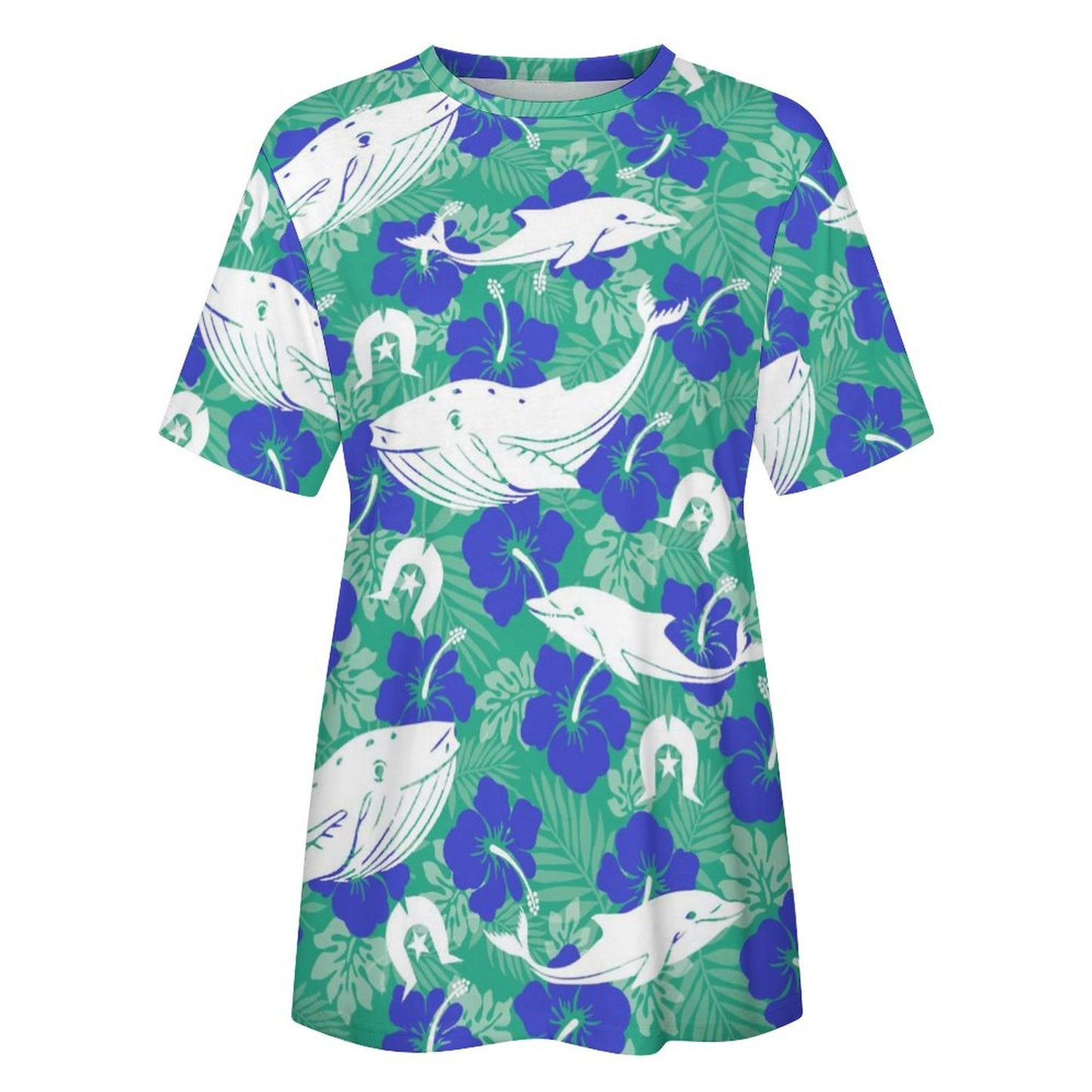 Royal Blue Hibiscus flowers with Whale, Dolphin and Dhari on Cotton Summer Short Sleeve T-Shirts for Women