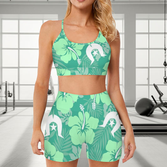 Hibiscus flowers with Dhari (Royal mint) on Cross Back String Sports Bra & High Waist Shorts Active Sets