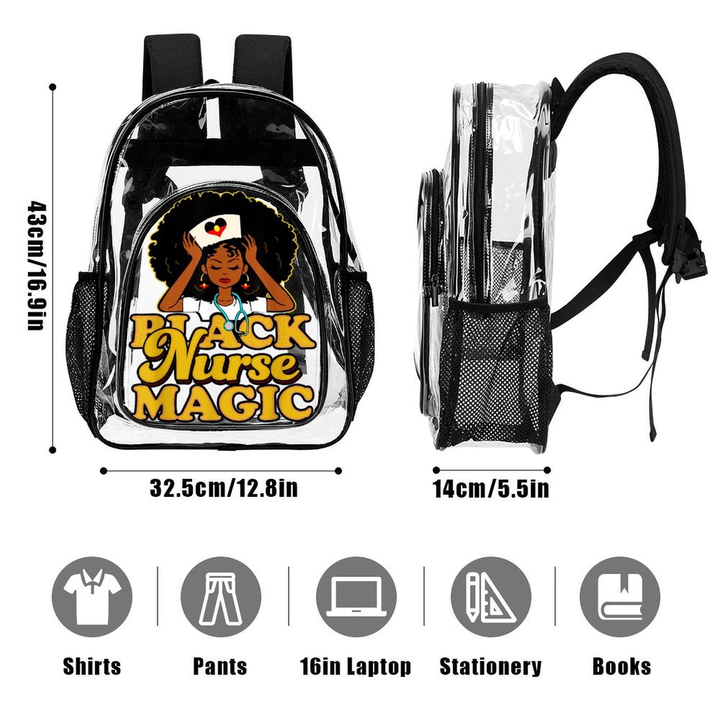Black Nurse Magic with heart shaped Aboriginal flag on Clear Backpack